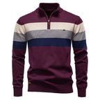 Men's Striped Quarter Zip Pullover Sweater with Ribbed Trim