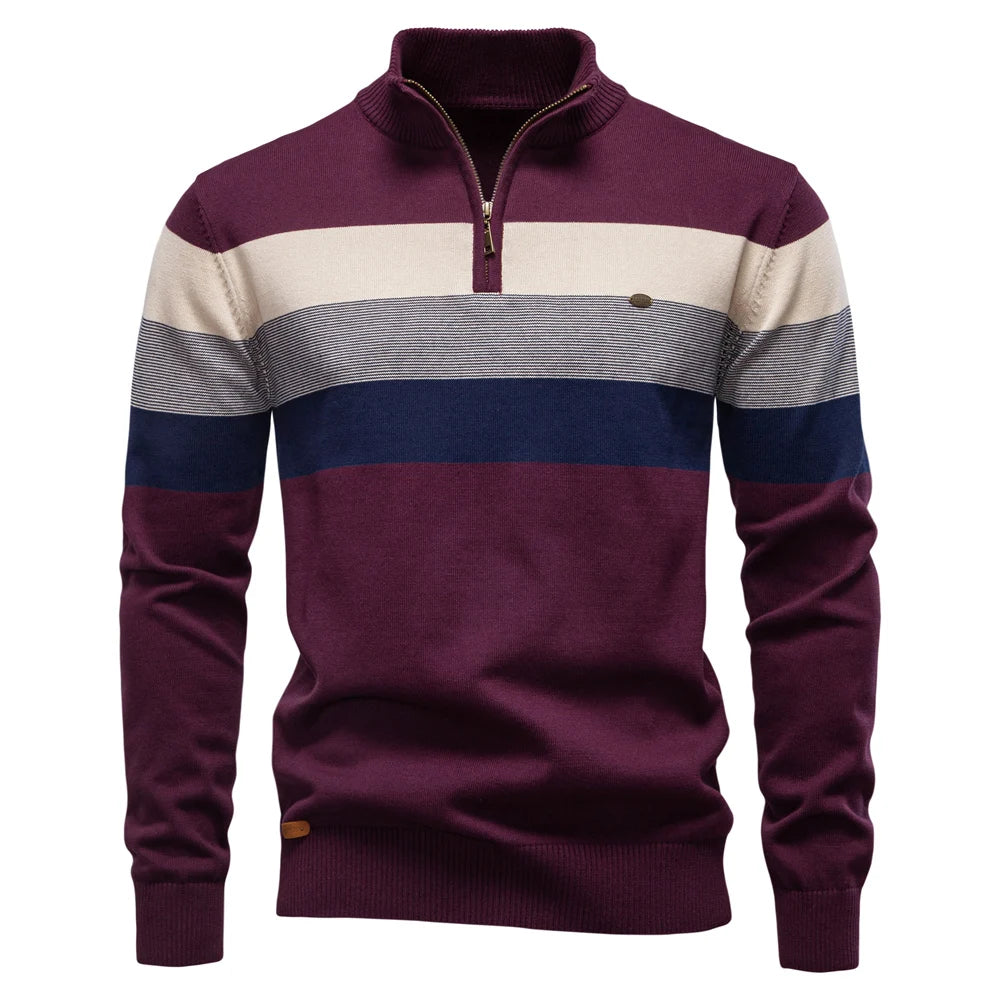 Men's Striped Quarter Zip Pullover Sweater with Ribbed Trim
