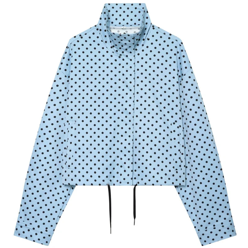 Women's Polka Dot Jacket – Cropped Hooded Zip Front Coat with Long Sleeves and Pockets