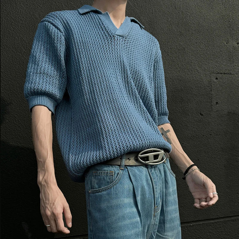 Men's Textured Open Collar Polo