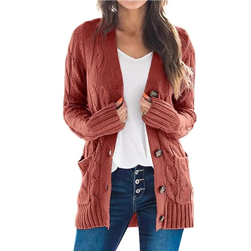 Women's Cable Knit Cardigan – Longline V Neck Button Front Sweater with Pockets