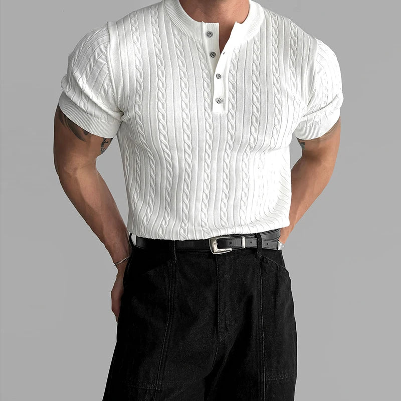 Mens Ribbed Texture Henley Polo Shirt
