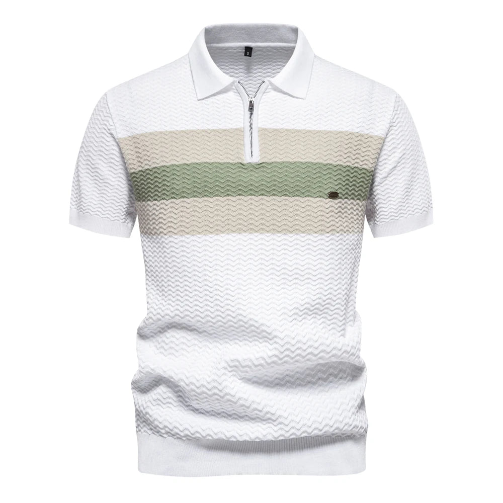Men's Chest Stripe Polo Shirt with Short Sleeves and Zip Neck