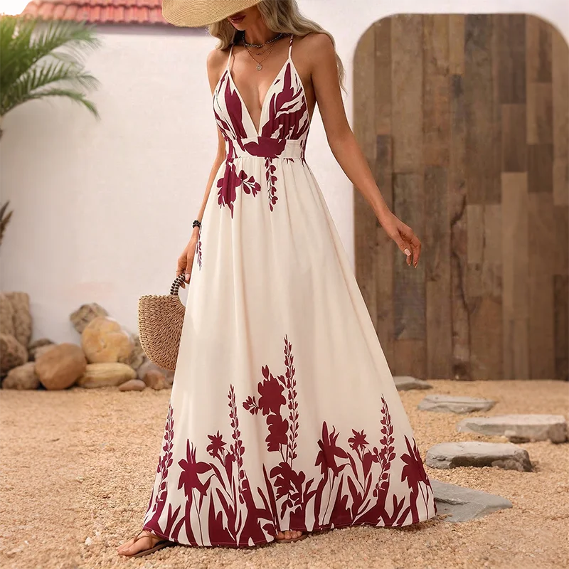 Women's Printed Deep V Maxi Dress
