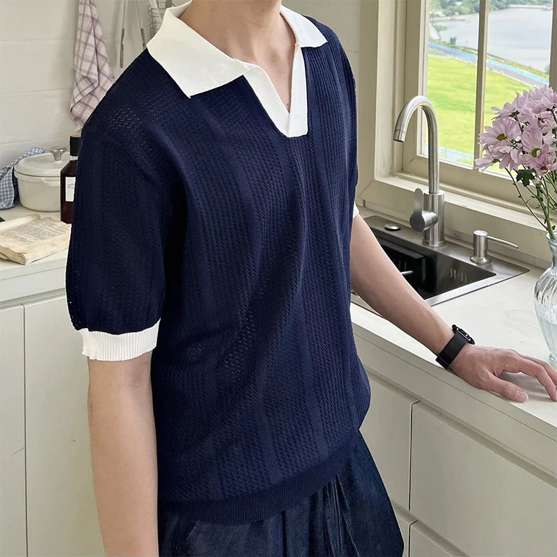 Men's Contrast V Neck Polo Shirt