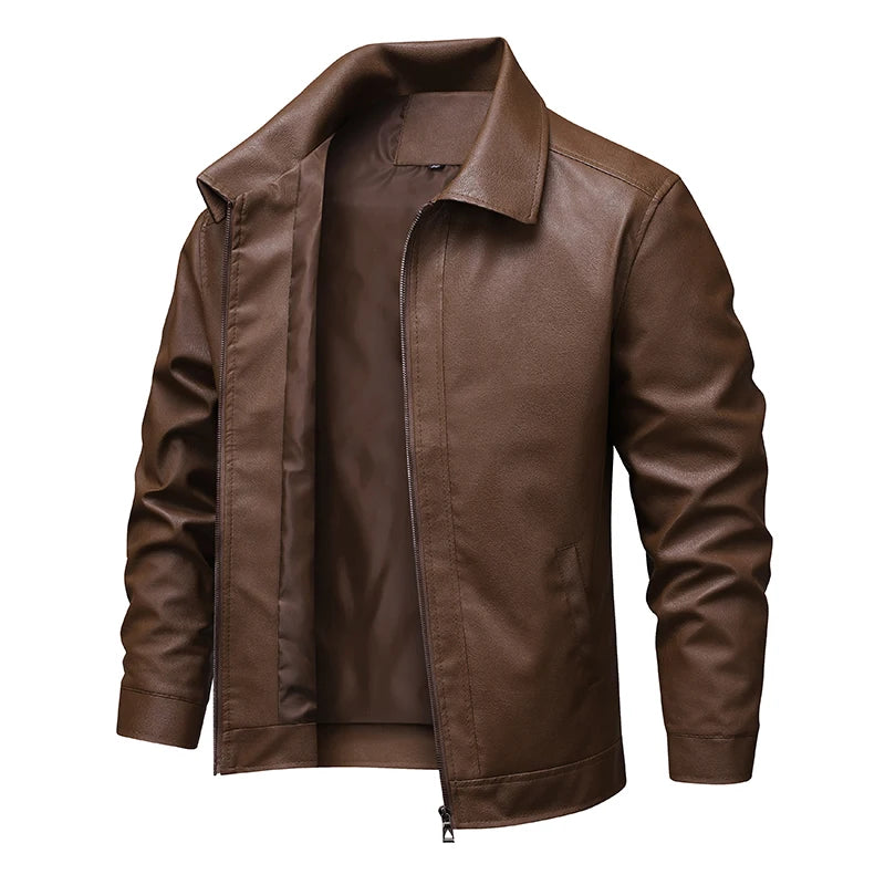 Men's Leather Look Jacket – Full Zip Front, Long Sleeves and Pointed Collar