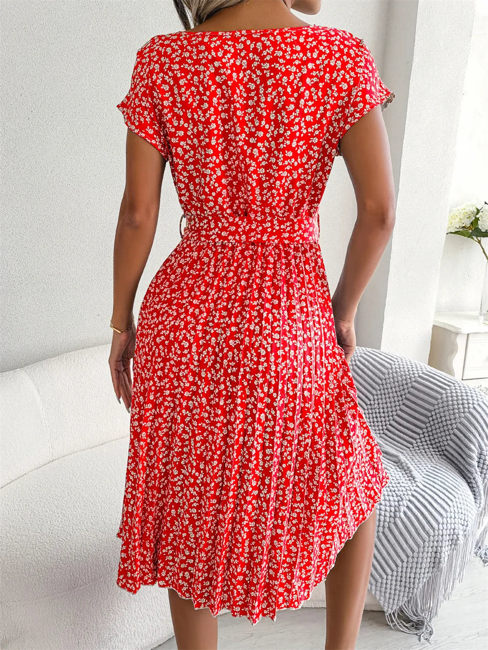 Women's Smocked Waist Printed Midi Swing Dress