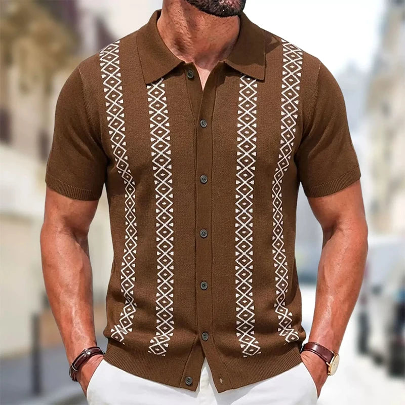 Button Front Patterned Polo Knit Top