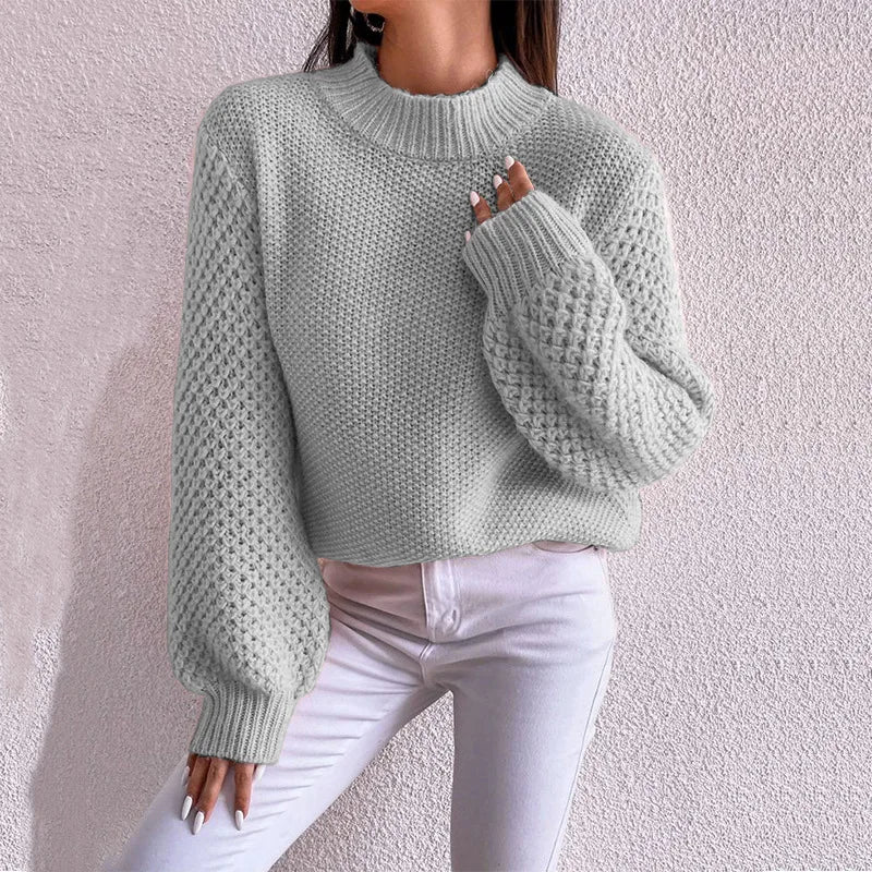 Women's Knitted Jumper – Crew Neck Long Sleeve Sweater with Textured Knit Design