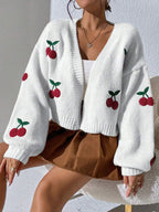 Women's Cherry Knit Cardigan – Button Front V Neck Jumper with Long Sleeves