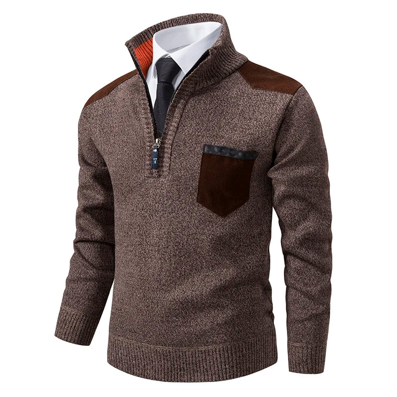 Men's Long Sleeve Pullover Sweater Quarter Zip Chest Pocket