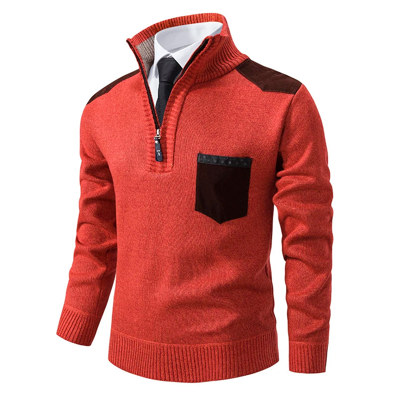 Men's Long Sleeve Pullover Sweater Quarter Zip Chest Pocket