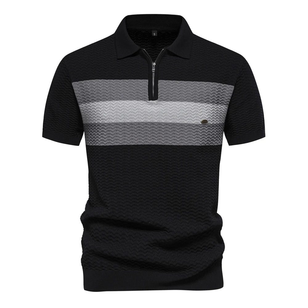 Men's Chest Stripe Polo Shirt with Short Sleeves and Zip Neck