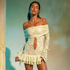Women's Off Shoulder Lace Ruffle Mini Dress With Sleeves