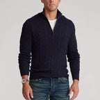 Men's Cable Knit Jumper with Half Zip Stand Collar