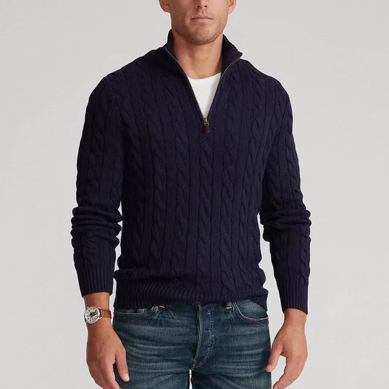 Men's Cable Knit Jumper with Half Zip Stand Collar