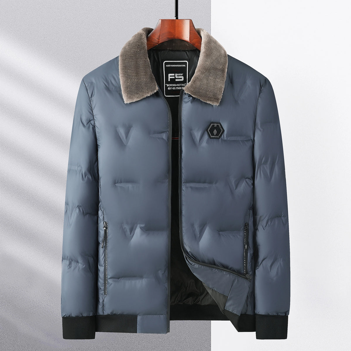 Men's Puffer Jacket – Quilted Winter Coat with Zip Front, Long Sleeves and Fur Collar