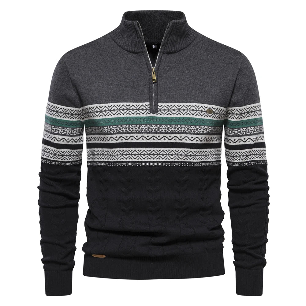 Men's Knitted Quarter Zip Jumper – Patterned Long Sleeve Sweater with Stand Collar