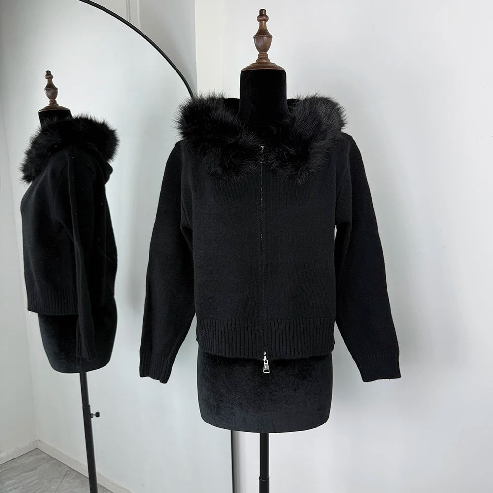 Women's Knitted Jumper with Fur Collar – Long Sleeve Zip Front Sweater