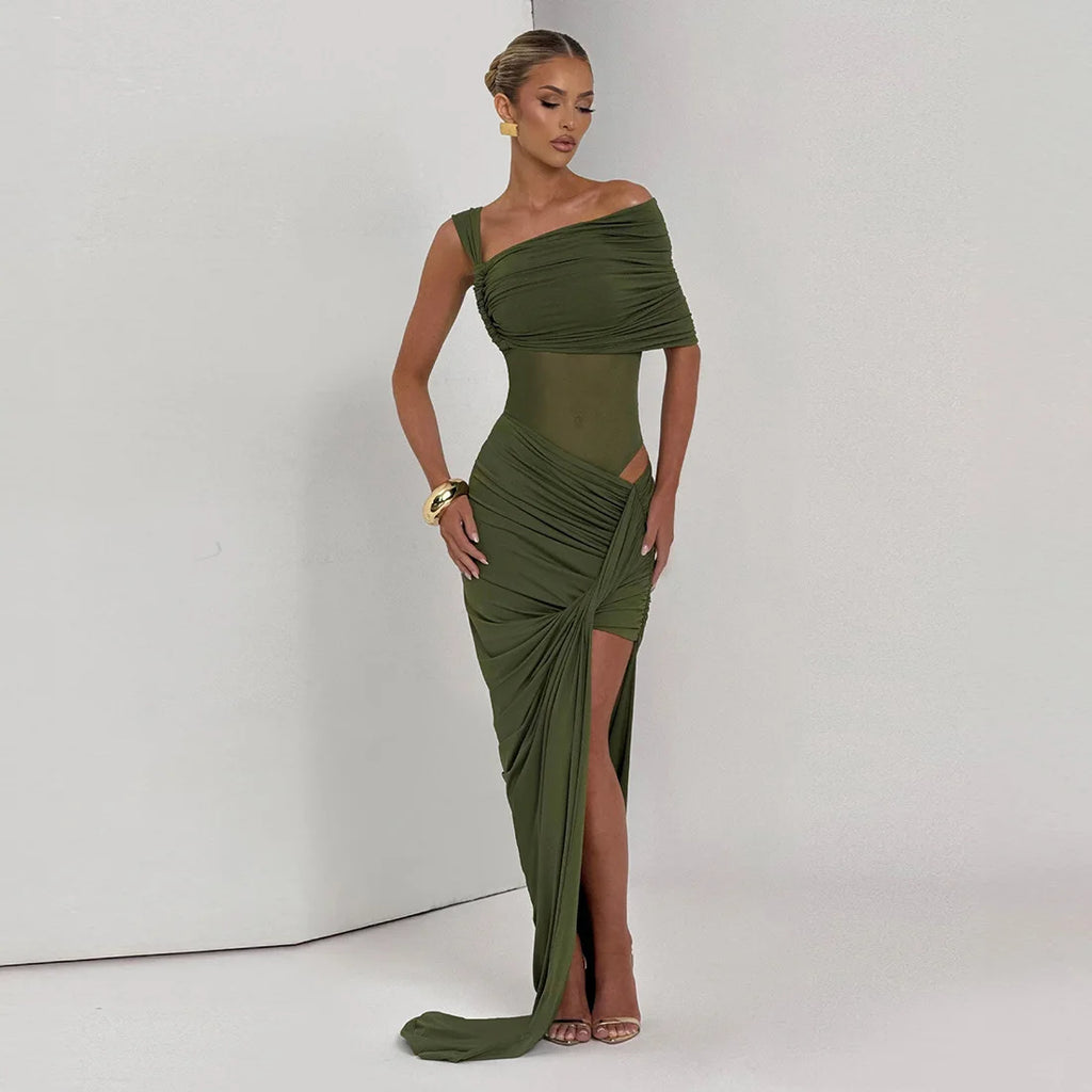 One Shoulder Ruched Maxi Dress With Drape