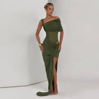 One Shoulder Ruched Maxi Dress With Drape