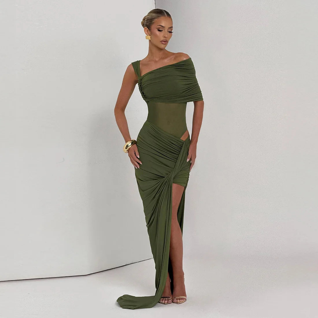 One Shoulder Ruched Maxi Dress With Drape