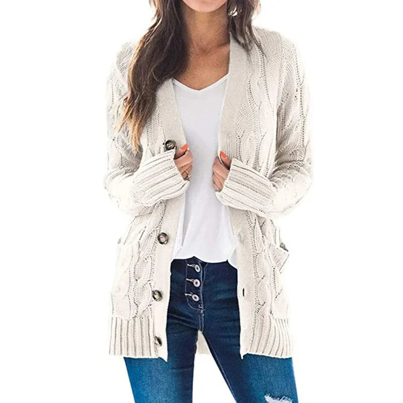 Women's Cable Knit Cardigan – Longline V Neck Button Front Sweater with Pockets Main image