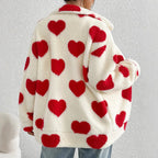 Women's Heart Print Zip Up Jacket – Long Sleeve Collared Casual Outerwear