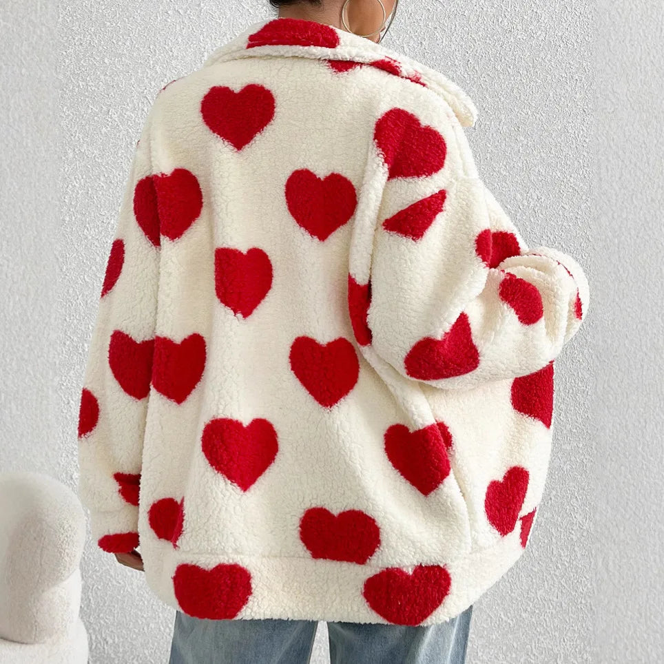 Women's Heart Print Zip Up Jacket – Long Sleeve Collared Casual Outerwear