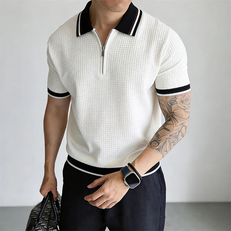 Textured Knit Short Sleeve Polo Top