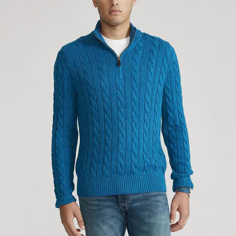 Men's Cable Knit Jumper with Half Zip Stand Collar
