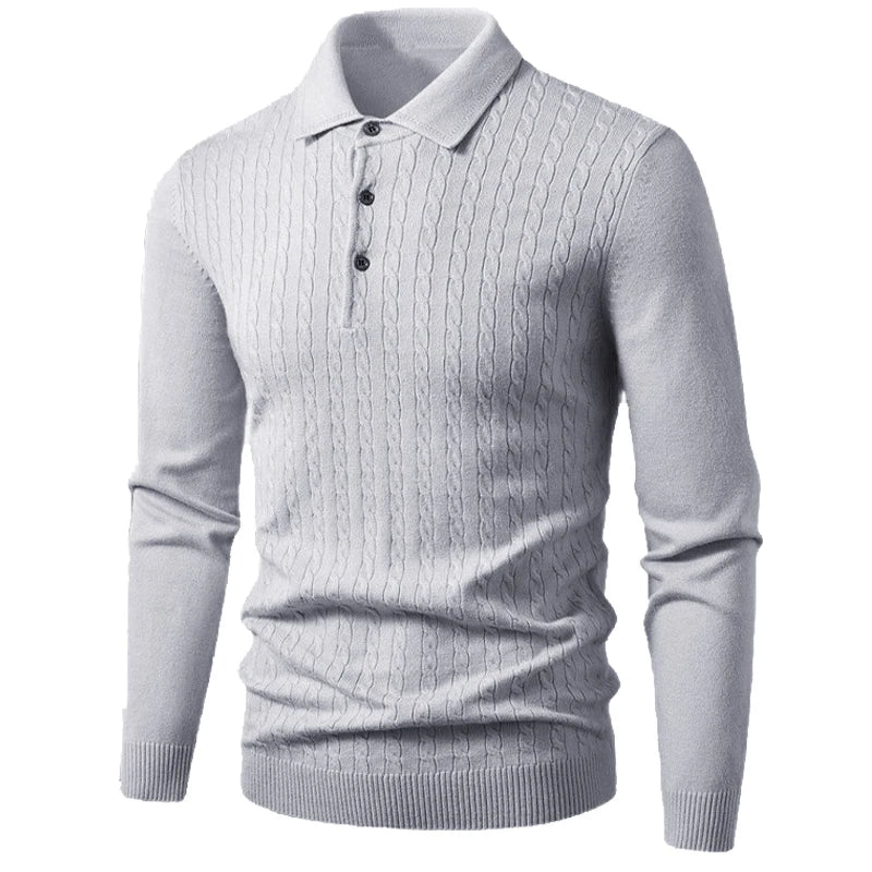 Men's Cable Knit Button Neck Collared Jumper