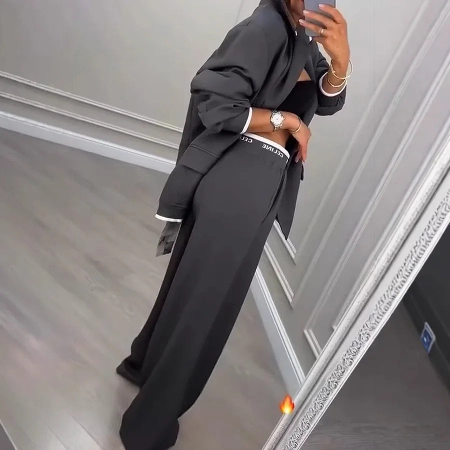 Women's Two Piece Suit Set with Blazer and Wide Leg Trousers – Long Sleeve