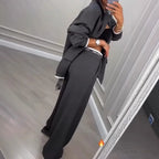 Women's Two Piece Suit Set with Blazer and Wide Leg Trousers – Long Sleeve