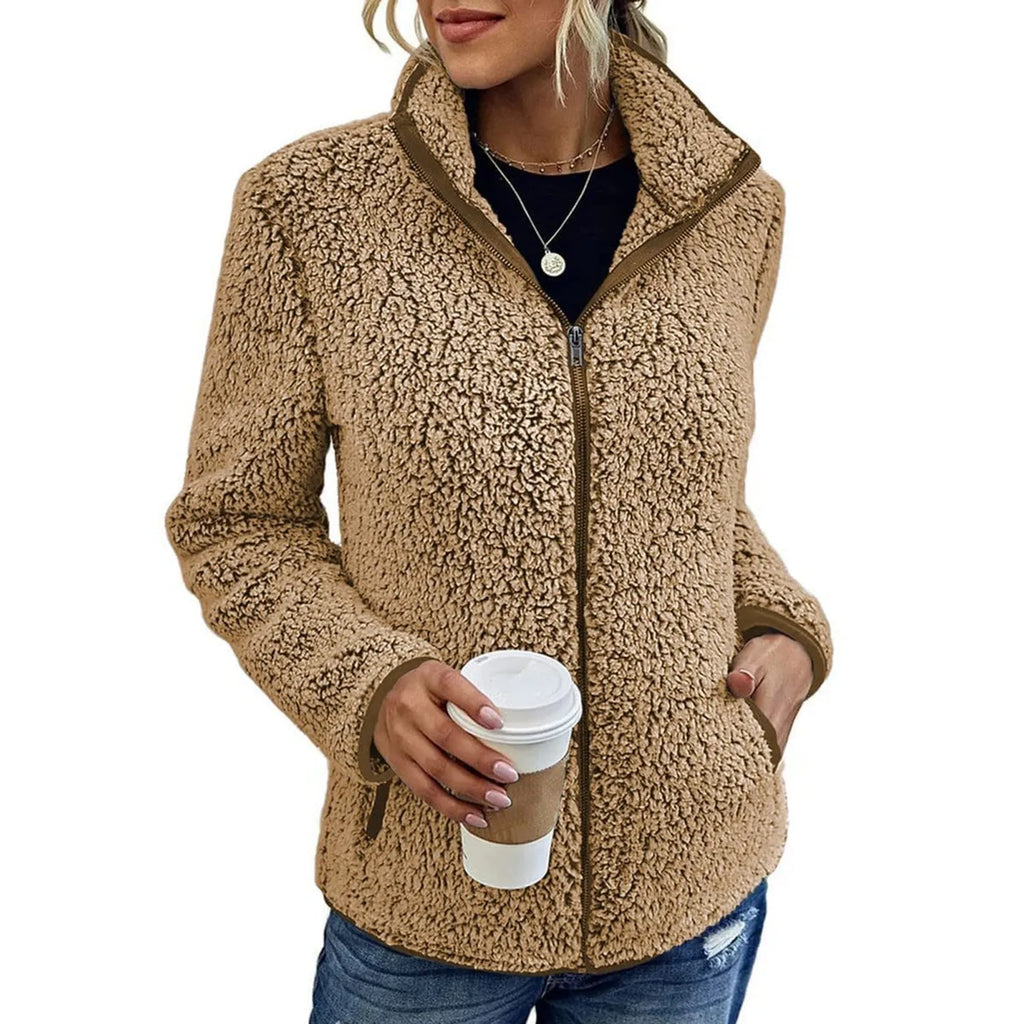 Women's Teddy Jacket – Full Zip High Collar Coat with Front Pockets