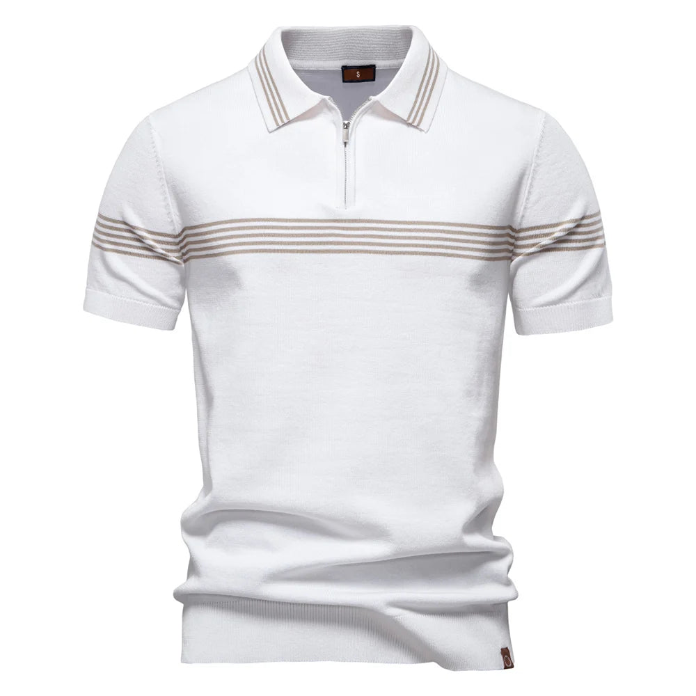 Men's Stripe Trim Polo Shirt with Short Sleeves and Zip Neck