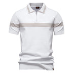 Men's Stripe Trim Polo Shirt with Short Sleeves and Zip Neck