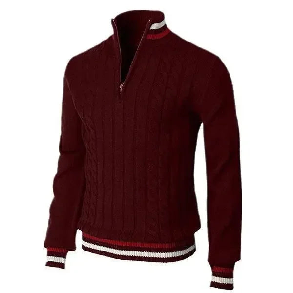Men's Cable Knit Quarter Zip Jumper with Striped Trim