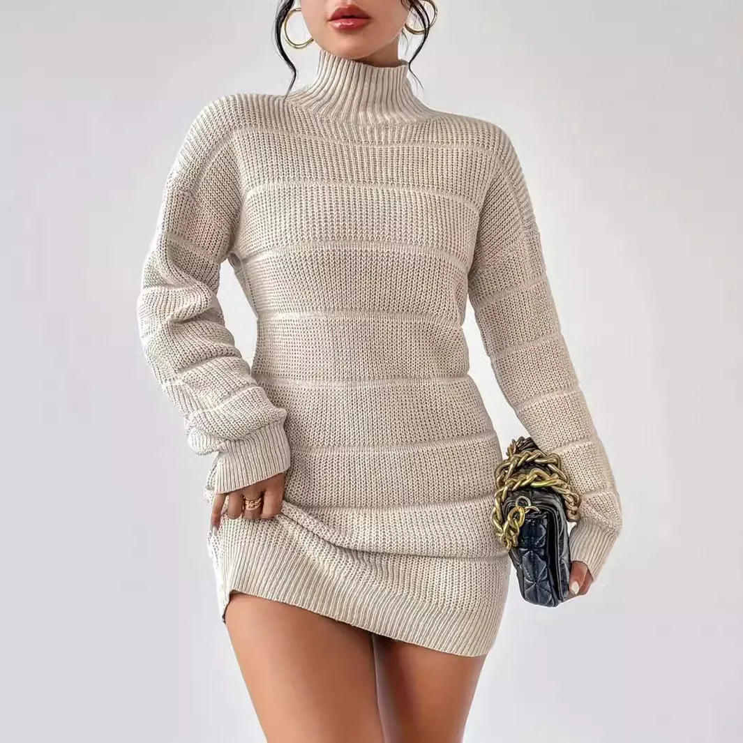 Women's Knitted Sweater Dress – Ribbed Turtleneck Mini Dress with Long Sleeves