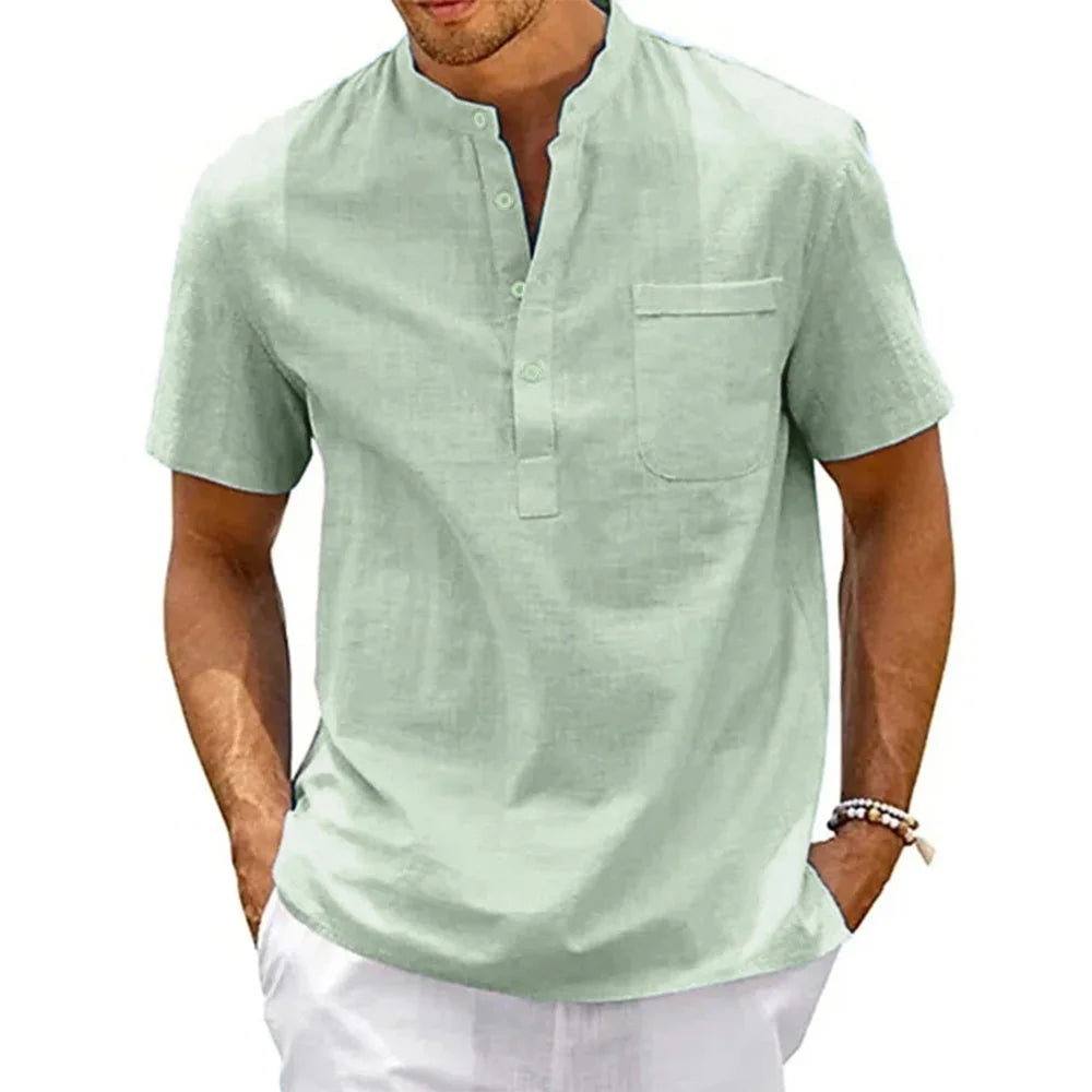 Band Collar Button Front Short Sleeve Shirt
