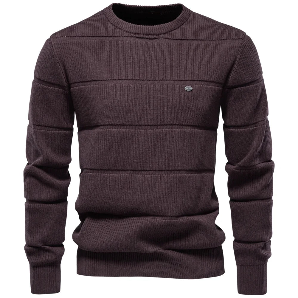 Men's Knitted Crew Neck Jumper – Long Sleeve Textured Sweater with Ribbed Trims