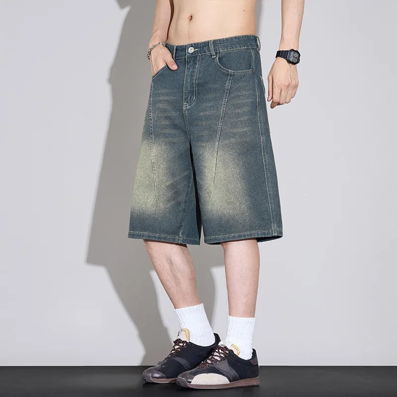 Men's Relaxed Wide Leg Denim Shorts with Washed Detail
