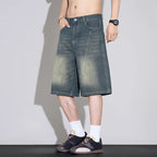 Men's Relaxed Wide Leg Denim Shorts with Washed Detail