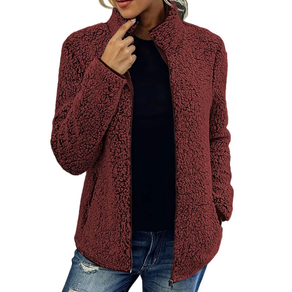 Women's Teddy Jacket – Full Zip High Collar Coat with Front Pockets