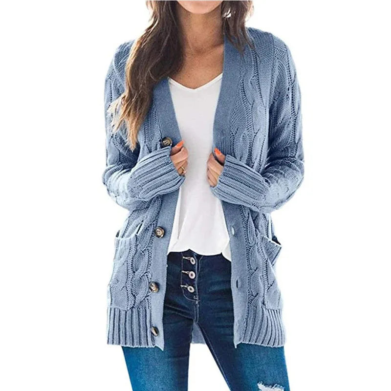 Women's Cable Knit Cardigan – Longline V Neck Button Front Sweater with Pockets