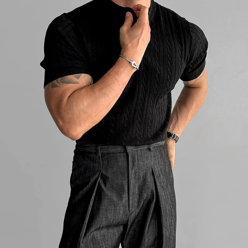 Mens Ribbed Texture Henley Polo Shirt