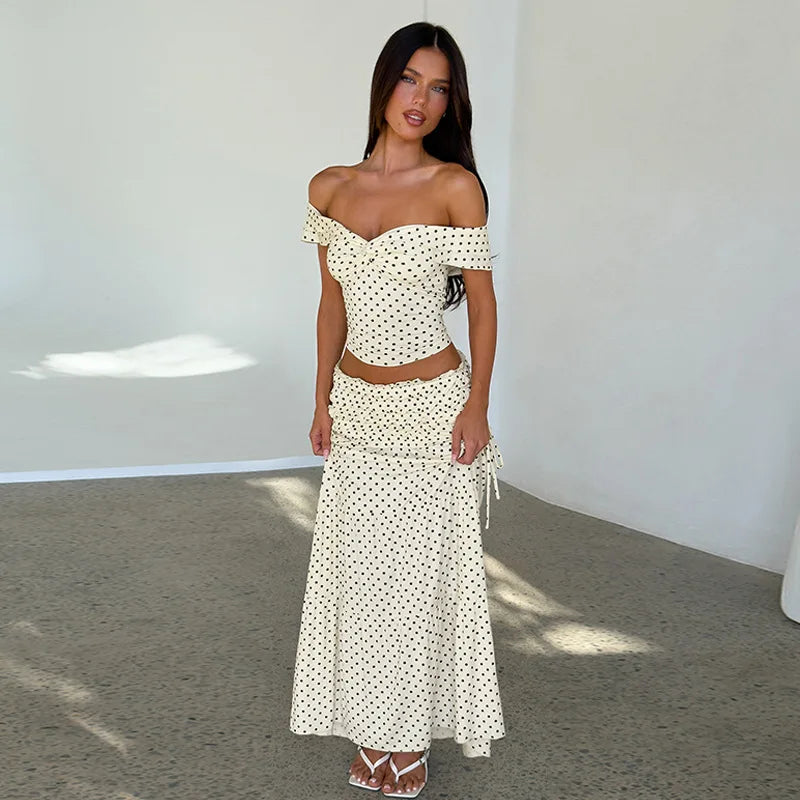 Women's Polka Dot Off Shoulder Maxi Skirt Set