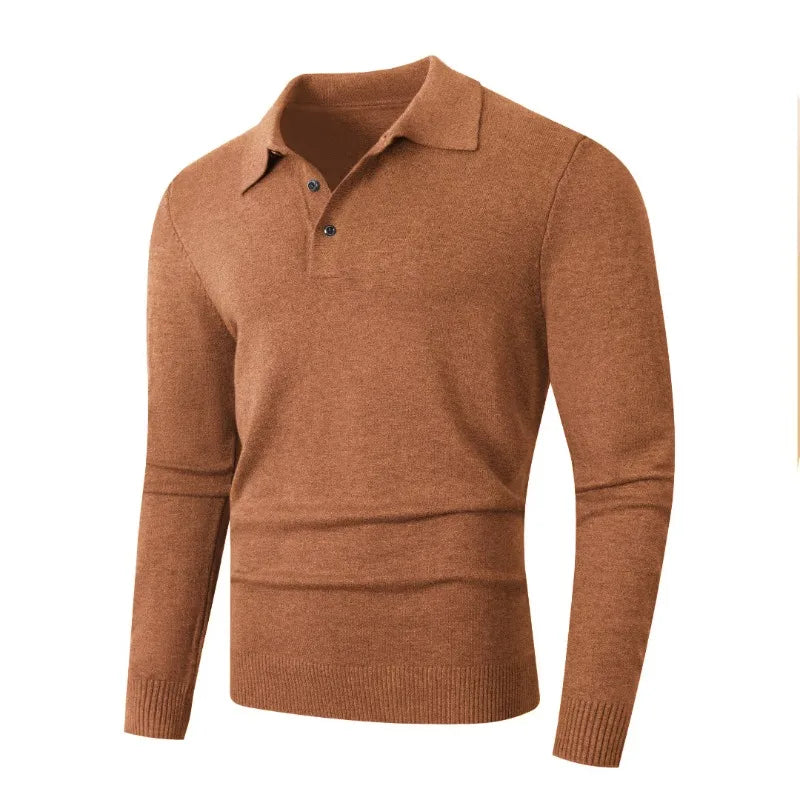 Men's Knitted Polo Jumper with Long Sleeves Ribbed Hem