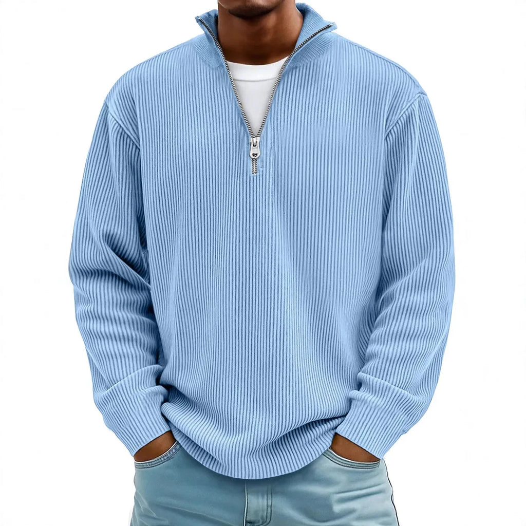 Men's Quarter Zip Ribbed Jumper with Stand Collar