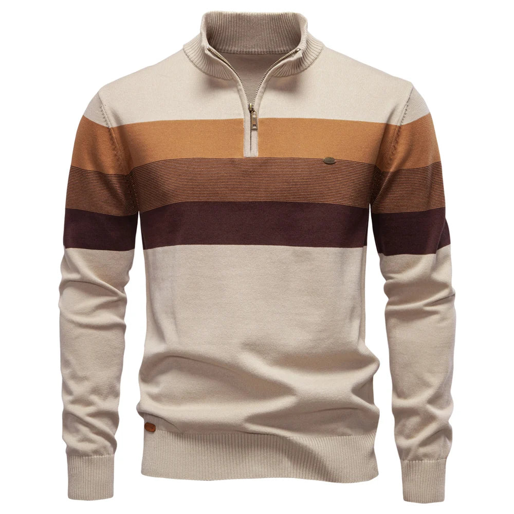 Men's Striped Quarter Zip Pullover Sweater with Ribbed Trim